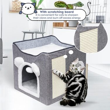 Складане будиночок для котів, великий, з когтеточкою та плюшевою кулькою (сірий)