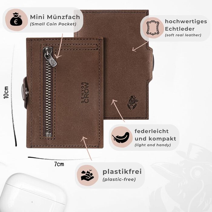 SENYOR CROW® Slim Wallet with Coin Pocket and RFID Protection | NewGen Wallet made of Genuine Leather | High-Quality Wallet | Card Holder for 11 Cards | Brown