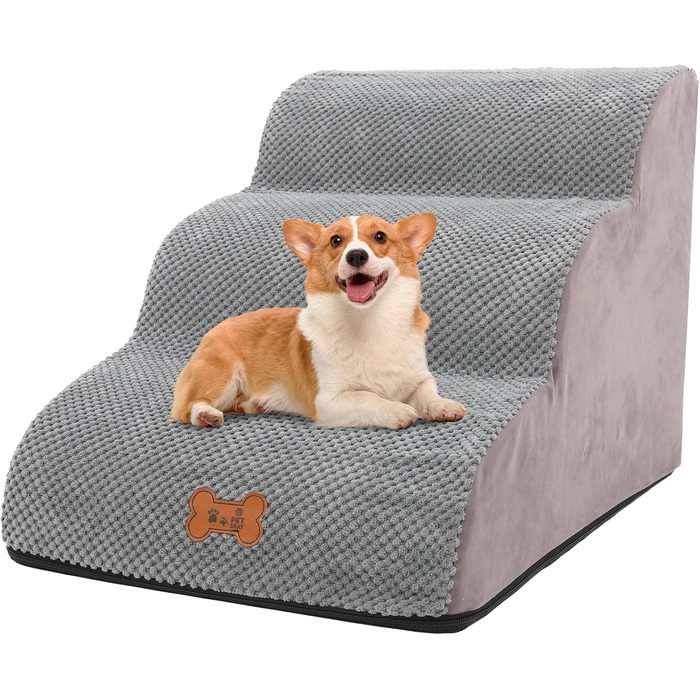 Сходинка для собак маленьких порід, 3 сходинки, для ліжка та дивана, з високощільним губчастим матеріалом, для котів та собак, знімний та пральний чохол, неслизьке дно, 40 см