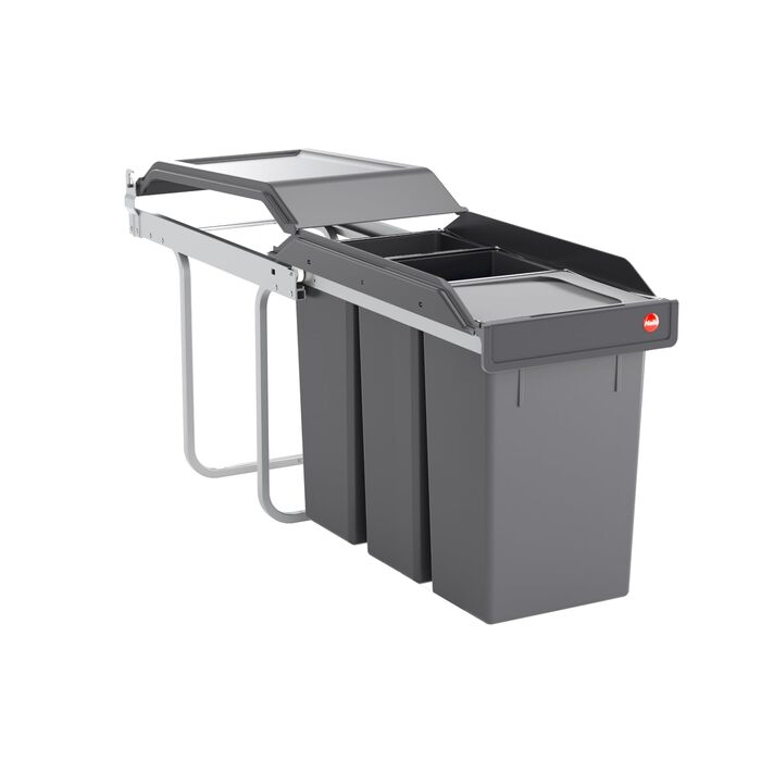 Відро для сміття Hailo Tandem 3650103 | Вбудований контейнер для сміття 2 секції | 50 мішків у комплекті | для шаф шириною від 300 мм | Зручний висувний механізм на роликах | Сріблястий та антрацитовий пластик