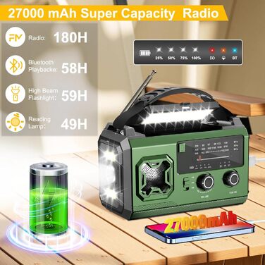 Радіо Kurbelradio на сонячній батареї 27000mAh з Bluetooth, FM/AM, SOS-сигналом, ліхтариком та компасом для кемпінгу та надзвичайних ситуацій (армійсько-зелене)