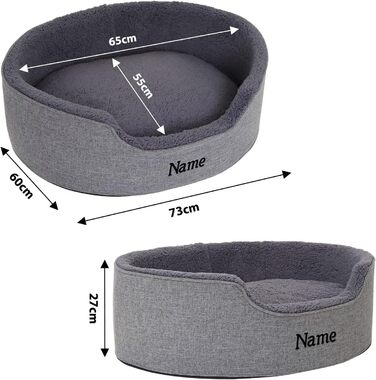 Lionto Dog Bed with Reversible Cushion and Washable Cover, Stable Dog Basket with Anti-Slip Studs, 92x72 cm, Cozy Pet Bed for Dogs and Cats with Plush, (Grey, L 73 x W 60 x H 27 cm (with name tag))