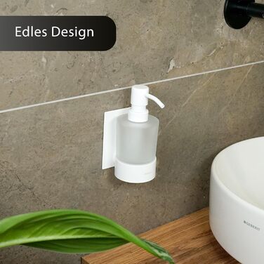Dolvhin® Soap Dispenser Wall Mount No Drilling | Frosted Glass Hand Soap Dispenser | Stainless Steel Pump Dispenser & Wall Holder | Adhesive Wall Soap Dispenser | Dish Soap Dispenser 250ml | Matte White