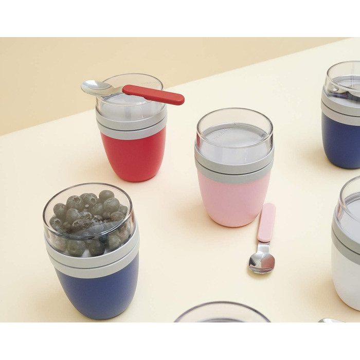 Mepal - Lunchpot & Folding Spoon Ellipse Set - Yogurt Cup To Go including Spoon - Separate compartments for yogurt & muesli - Meal Prep - Folding spoon To Go with travel case - Nordic Denim