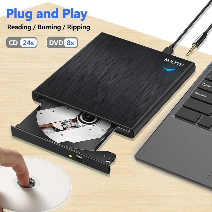 Зовнішній CD/DVD-привід USB 3.0 Type-C з аудіовиходом та USB-портами, тонкий DVD-RW плеєр та записувач для ноутбука, MacBook, Apple, чорний