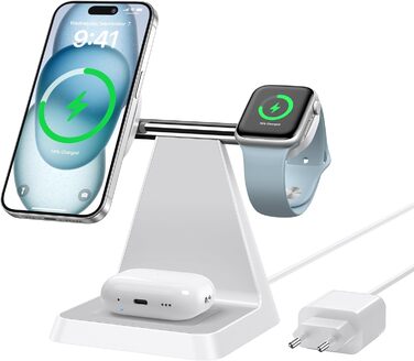 Бездротовий зарядний пристрій MagSafe 3-в-1 для iPhone: зарядка для Apple Watch та AirPods, сумісна з iPhone 16, 15, 14, 13, 12 (білий)