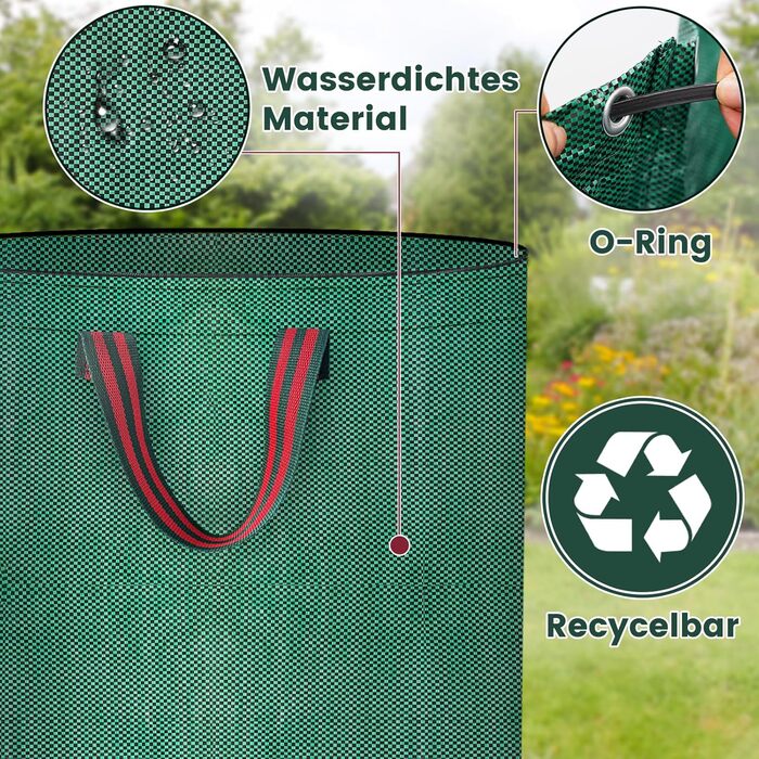 BuzzoXerex 3x Garden Waste Sack with Lid, 272L Stand-Alone Garden Sack with 4 Tear-Resistant Handles, Waterproof, Foldable, Reusable Leaves Sack Large for Garden Waste and Green Waste