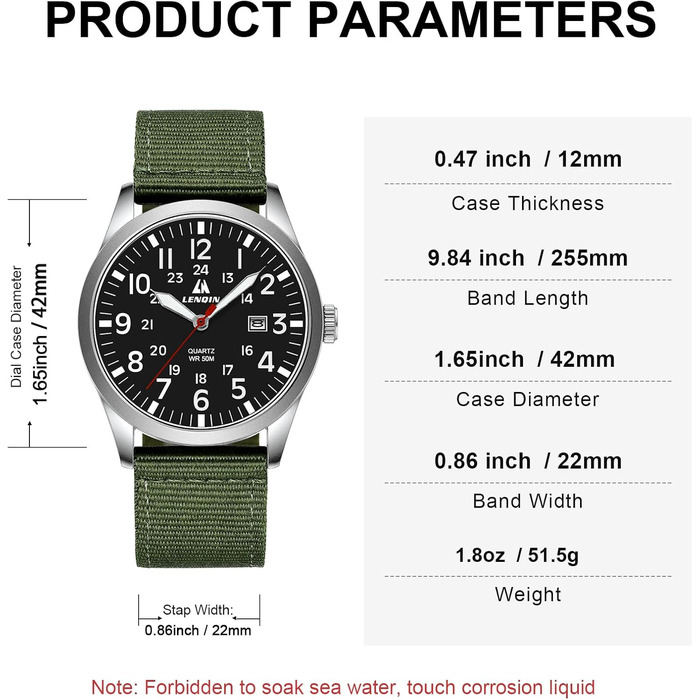 Годинники чоловічі LN LENQIN аналогові кварцові на нейлоновому ремінці, водостійкі 30M, з датою (зелені, срібні, чорні)
