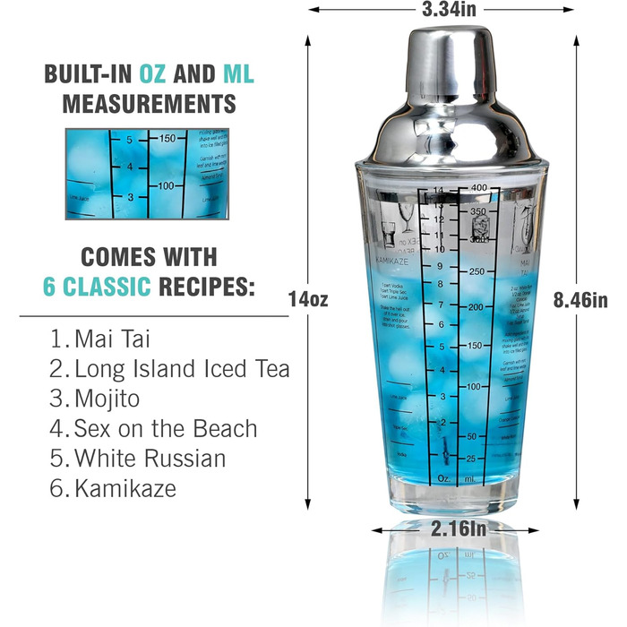 EVERYDAY COCKTAIL® Professional Glass Cocktail Shaker, 400 ml, Martini Shaker, Shaker with Recipes on the Side, Transparent Bar Shaker with Measurements, Integrated Strainer with Seal