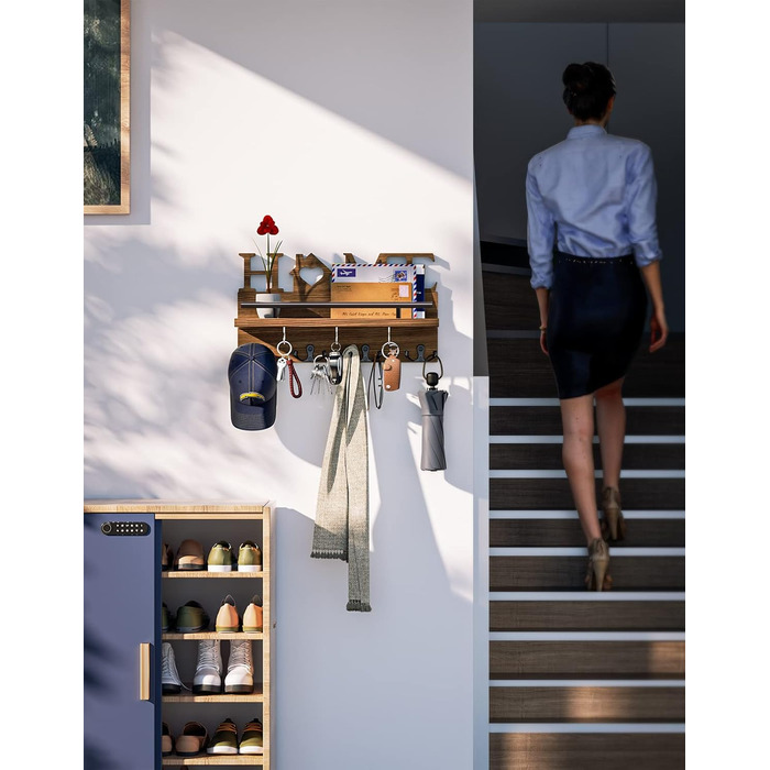 Дерев'яна полиця для ключів SWTYMIKI з 7 гачками - органайзер настінний, ключниця з полицею, браун