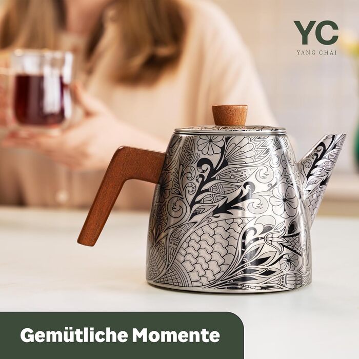 Термочайник YC Yang Chai з подвійними стінками та ситом із нержавіючої сталі 304, 1.1 л, з ручками з дуба для листового чаю