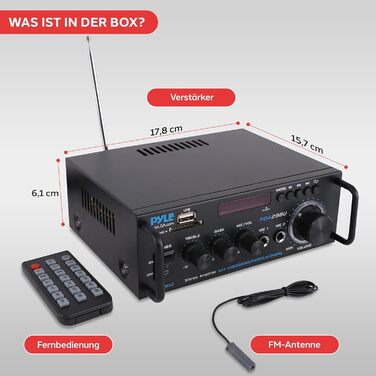 Pyle підсилювач 200Вт, стерео Bluetooth, 2-канальний, RCA, USB, SD, MIC, FM-радіо, регулювання басу та високих, для дому, авто, студії, домашнього кінотеатру