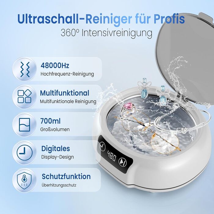 Ультразвуковий очищувач Kunphy 700мл: для годинників, ювелірних виробів, монет, бритв. 48 кГц, 3 програми