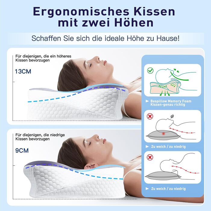 Подушка для шиї Fwoueot з піною з пам'яті, ортопедична, для сну на боці, спині та животі, блакитна