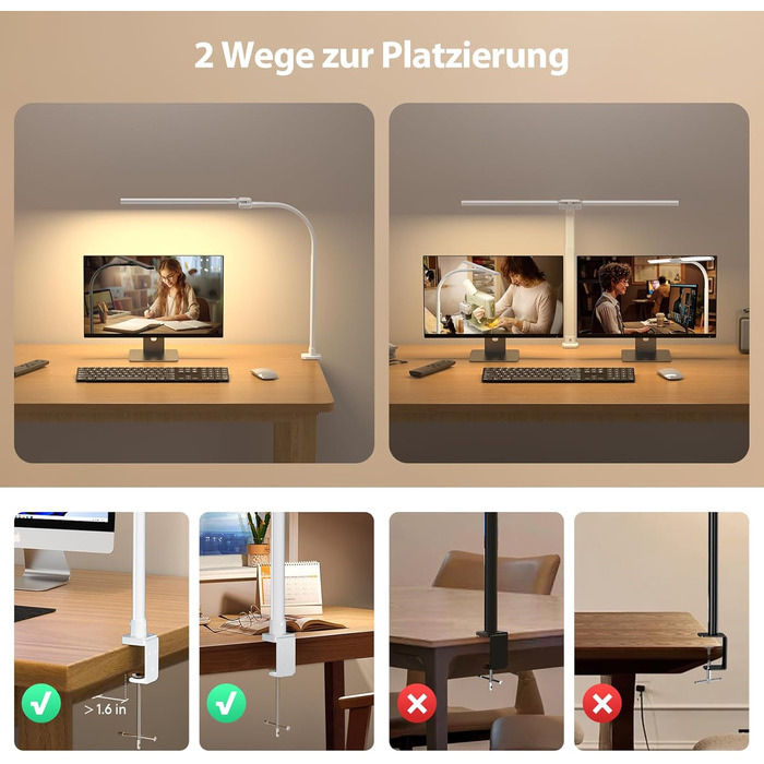 LED лампа настільна з двома головками, регульована яскравість, кріплення на струбцині, захист очей, денне світло, для офісу та ПК, RGB