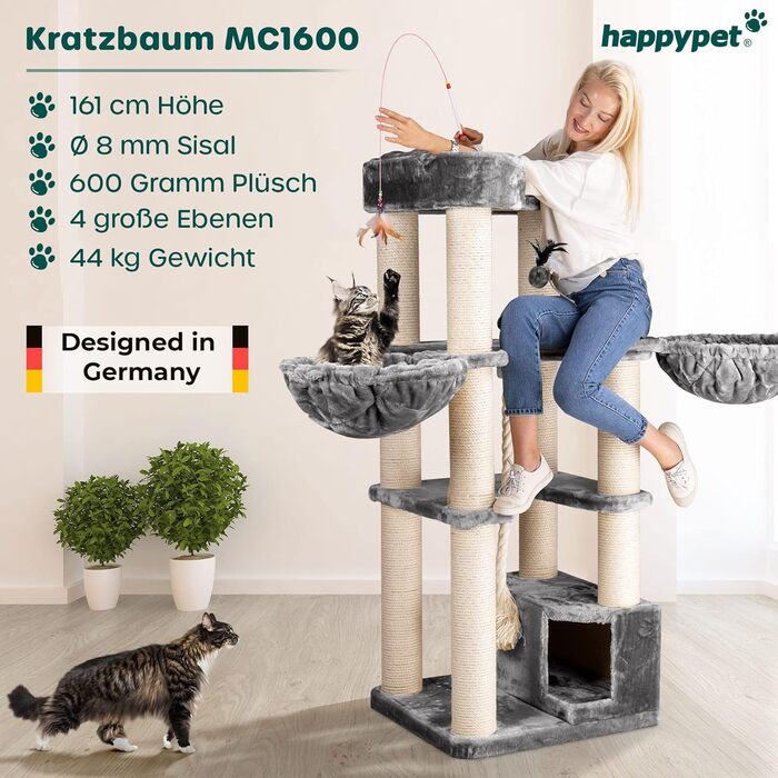 HAPPYPET Дряпка для котів 'Оскар' - 161 см, преміум якість, для великих котів, 47 кг, товсті стовпи (12 см), плюш (600 г), сертифіковане дерево (сірий)