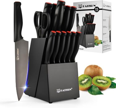 KATISUN 16-Piece Japanese Steel Knife Set with Block - Includes Sharpener, Cutting Board & Kitchen Shears - Durable Titanium Coated Kitchen Knife Set for Chopping, Slicing & Dicing