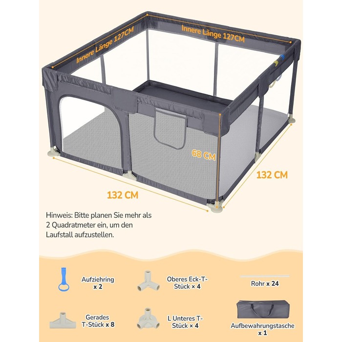 Манеж для дітей Dripex 120x180 см, сірий, з дихаючою сіткою, 300D Оксфорд, безпечний ігровий майданчик
