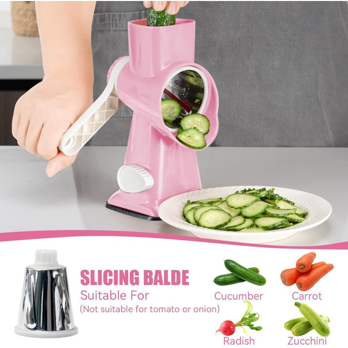 Ручна тертка для сиру та овочів Dreamhigh з ручкою, 3 змінні леза з нержавіючої сталі, ідеальна для сиру, горіхів, моркви та інших продуктів, білий колір (рожевий)