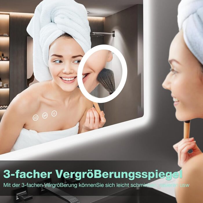 LED дзеркало для ванної кімнати 80x60 см з підсвічуванням, 3 кольори, регулювання яскравості, антизапарник, годинник, 3x збільшення, розетка