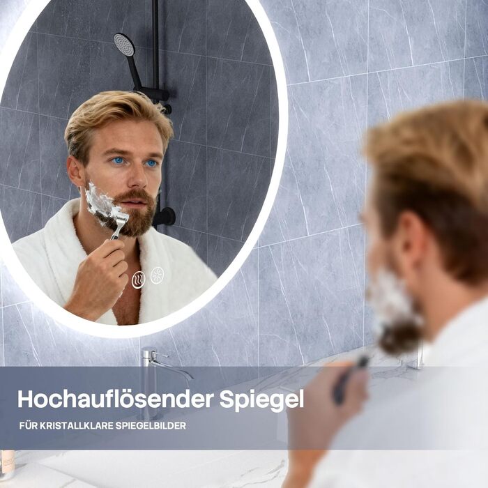 Дзеркало для ванної кімнати HySail з підсвічуванням, 5 мм, високоякісне срібне дзеркало, 3 колірні температури та регульована яскравість, настінне дзеркало з сенсорним вимикачем та антизапарюючою поверхнею, кругле (3 кольори + регулювання, 70x70 см)