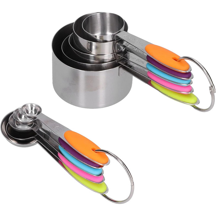 Measuring cups and spoons for dry and liquid ingredients, 10-piece set. Spoons with silicone handle, baking tool for home.