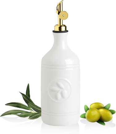 Керамічна пляшка-дозатор для оливкової олії Sweejar, 473.6 г, біла, з рельєфним дизайном і золотим носиком, для EVOO, авокадової олії та оцту