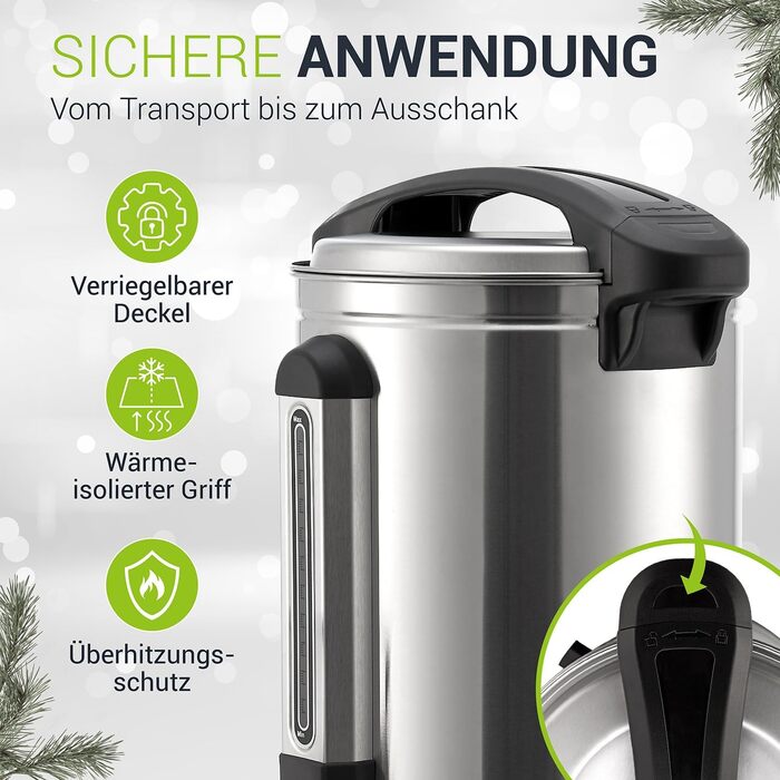 Juskys Glühwein Warmer Teramo 10 Liter 1500W with Tap, Thermostat & Overheating Protection, 30-110°C, Stainless Steel, Electric, Hot Beverage Dispenser