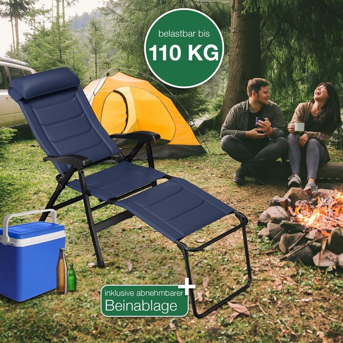 ELONEO Folding Camping Chair with Removable Footrest, Folding Chair made of Aluminum, Folding Garden Chair, Reclining Chair with Adjustable Backrest, Camping Chair (Folding Chair with Footrest (with Premium Cushion), Blue)