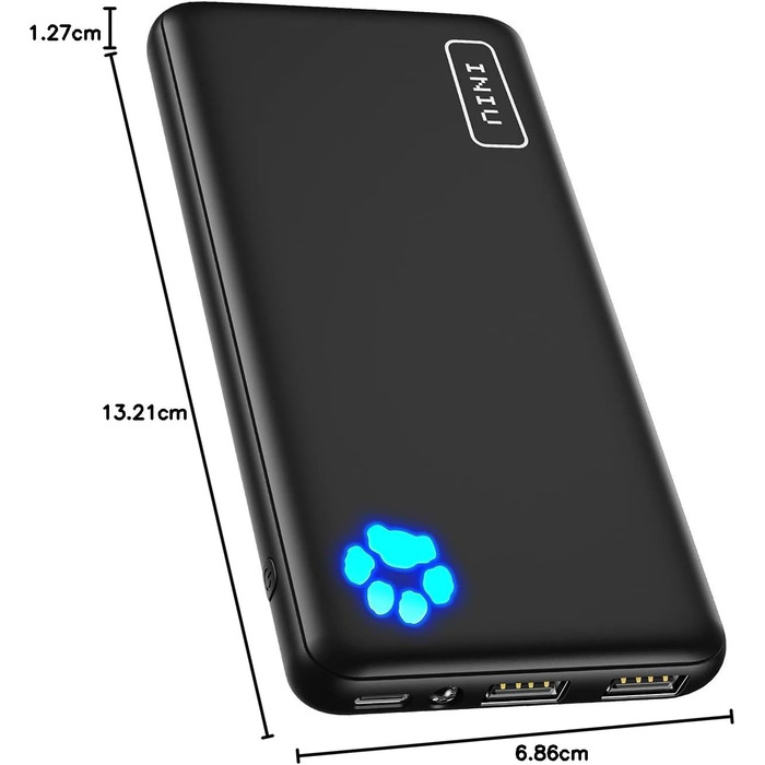 Power Bank INIU 10000mAh, ультратонкий, USB C, 3A, ліхтарик, сумісний з iPhone, Samsung, Huawei, чорний