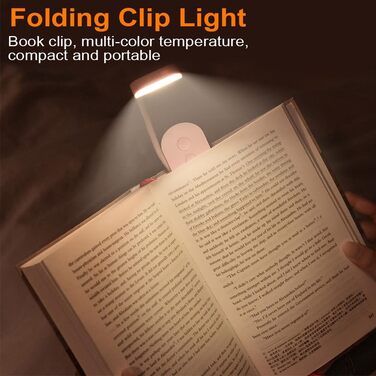 LED лампа для читання з кліпсою, USB перезаряджувана, 3 режими яскравості та колірної температури, гнучка на 360°, біла