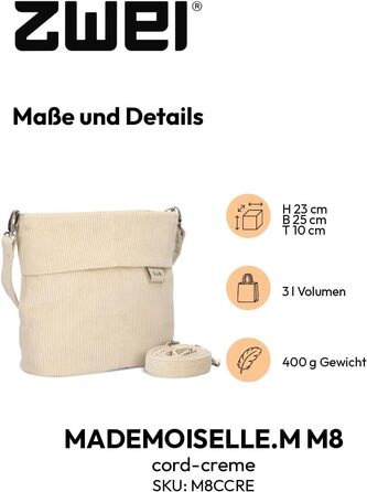 Сумка жіноча через плече Zwei Damen Mademoiselle.M M8, екошкіра, колір кремовий з корду, з прихованим та основним відділеннями на блискавці, знімний короткий та довгий ремінець