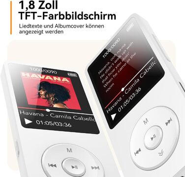 MP3 плеєр AGPTEK 64GB Bluetooth 5.3 з динаміком, радіо FM, підтримкою TF-карти 128GB, білий