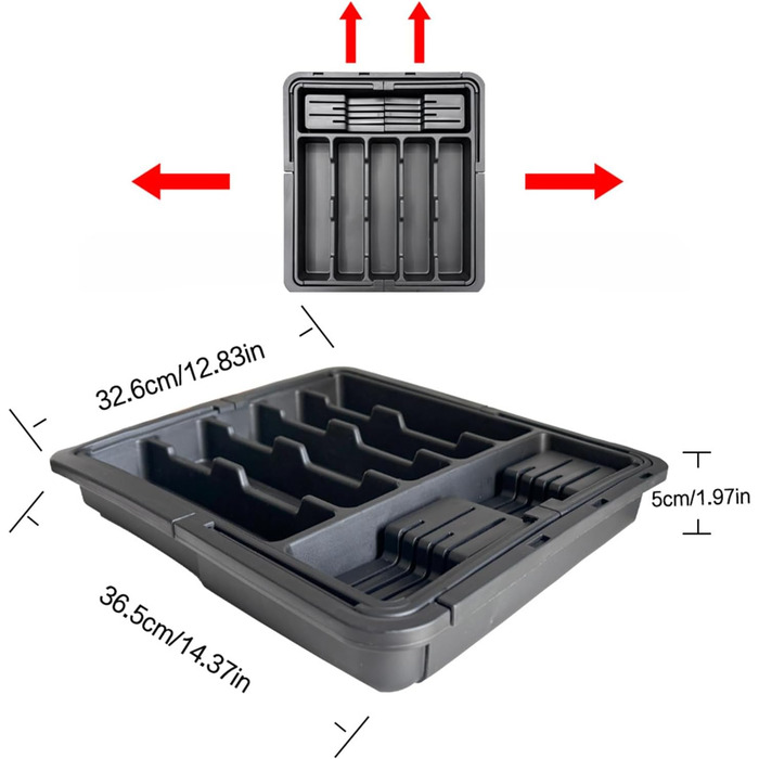 Органайзер для столових приборів в шухляду, розширюваний, чорний. Тримач для ложок, виделок, ножів. Регульований роздільник для кухонних ящиків