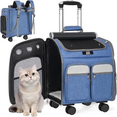 Сумка-переноска для тварин на колесах, для котів та маленьких собак, 4-в-1, рюкзак, сумка-переноска, дихаюча, хакі (блакитна)