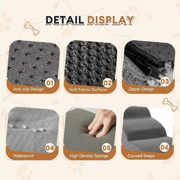 Сходинка для собак та котів ROMROL 3 сходинки - сіра, з неслизьким покриттям, з високощільним пінополіуретаном, для допомоги при входженні на диван та ліжко, захист суглобів