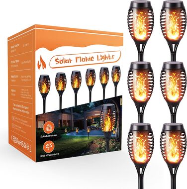 Geemoo Outdoor Solar Lights - Set of 6 Garden Torches with Realistic Flame Effect