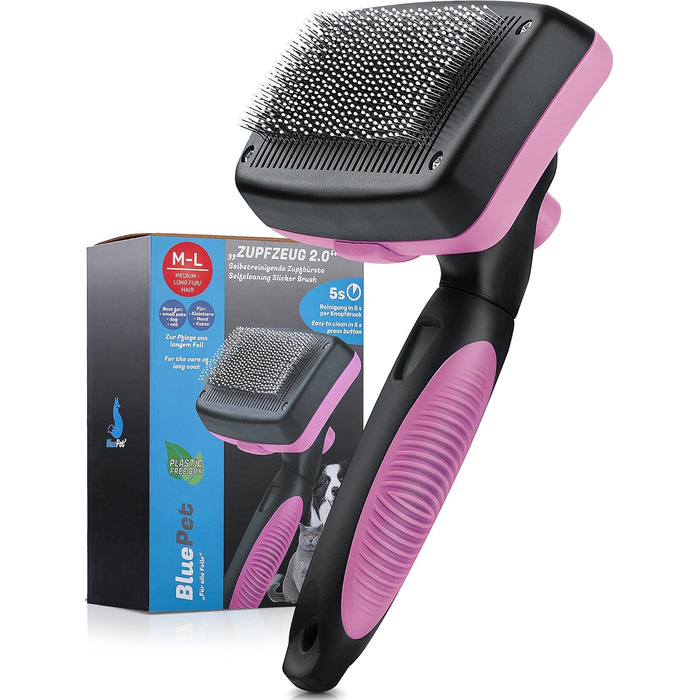 Щітка для собак та котів BluePet для довгої шерсті - видаляє підшерсток, ковтуни та вузли. Версія 2.0 з кнопкою для очищення. Для щоденного використання (Блакитна) (Рожева)