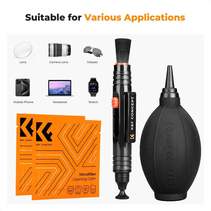 Набір для чищення об'єктивів K&F Concept 3-в-1: для фотоапаратів, об'єктивів, фільтрів, телефонів. Lenspen, щітка, повітряний насос, мікрофібра.