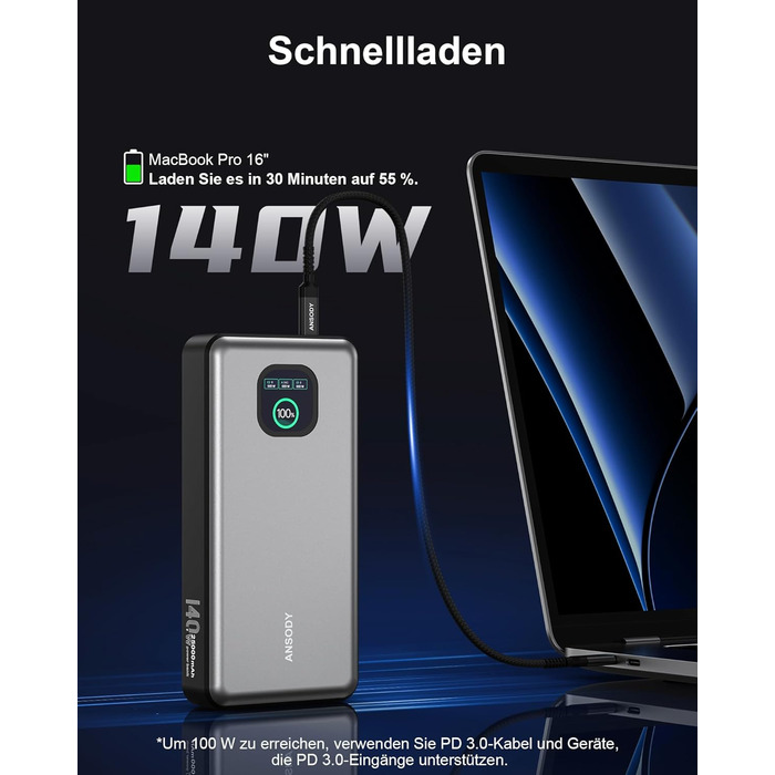 Powerbank 140W, 25000mAh з цифровим дисплеєм, PD3.1 для ноутбуків, MacBook, iPad, iPhone, Switch, Steam Deck (Срібний)