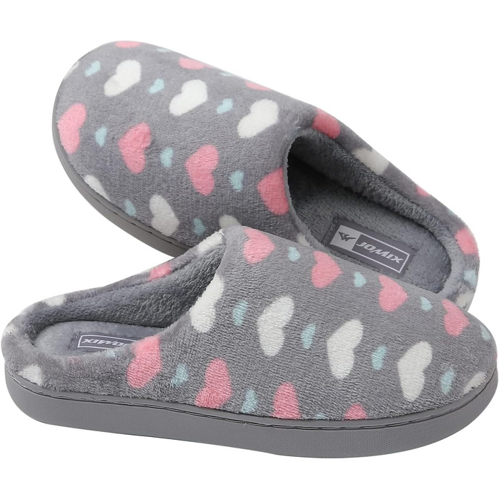 Тапочки жіночі JOMIX Winter Hausschuhe з сердечками, теплі, з плюшевою підкладкою, зручні, антиковзні, для дому, сірий світлий, 39 EU