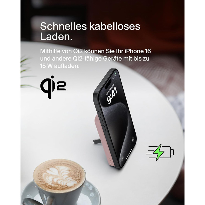 Powerbank Belkin BoostCharge Pro 10000mAh з Qi2 та MagSafe, рожевий, з інтегрованим підставкою, для iPhone 17, Air, 16, 15, 14, Pixel та інших