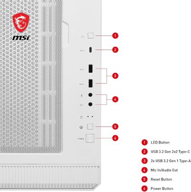 Корпус ПК MSI MPG Velox 100R White Mid-Tower для E-ATX, з загартованим склом, Airflow, Mystic Light, 2x 360mm кулер