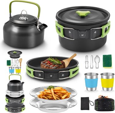 Oushome 16-Piece Camping Cookware Set for 2 People - Portable Cooking Set with Pots, Pans, Kettle, Cups, Plates - Green