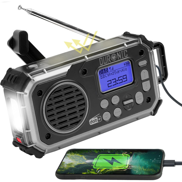 Портативне радіо Duronic SDAB1 на сонячній енергії з ручкою, DAB FM, LED-ліхтар, Powerbank 2000mAh, Bluetooth Speaker