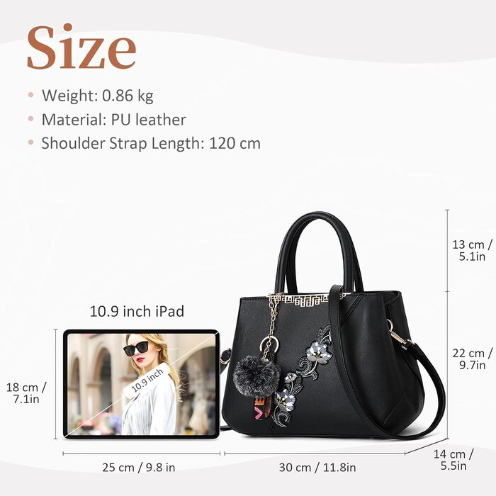 Сумка жіноча DIRRONA велика – сумка через плече та шопер з квітковою вишивкою та помпонами, чорна. Для роботи, відпочинку, подорожей, вечірок та весіль