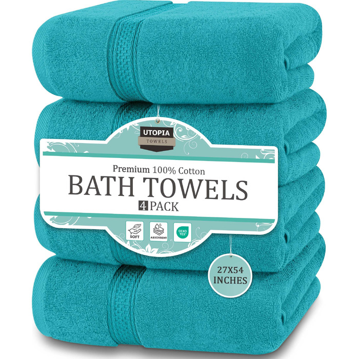 Набір банних рушників Utopia Towels, 100% бавовна, 69 x 137 см, м'які та гігроскопічні, з петлею для підвішування, 4 шт, бірюзовий