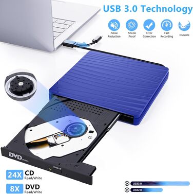 Зовнішній DVD-привід USB 3.0 та Type-C, портативний CD/DVD +/-RW записувач для ноутбука, ПК, MacBook, Windows, macOS, Linux (Темно-синій)