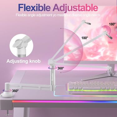 Низькопрофільний мікрофонний важіль, міцний тримач для мікрофона з кріпленням до столу 7 см, адаптери 3/8' та 5/8', для Blue Yeti, подкастів, геймінгу, вантажопідйомність до 2 кг, білий