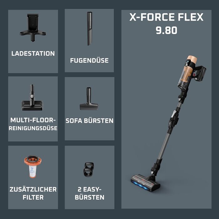 Акумуляторний вертикальний пилосос Rowenta X-Force Flex 9.60 Complete RH2099WO (Apricot) з LED-підсвіткою та набором насадок, 100 AW